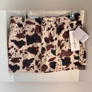 NWT Love, Fire Cow Print Denim Mini Skirt - Brown & Cream Size Large L